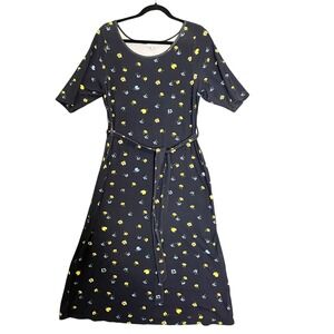 Cotton Traders Floral Dress US 12 Navy Blue Belted Viscose‎ Cottagecore Comfort